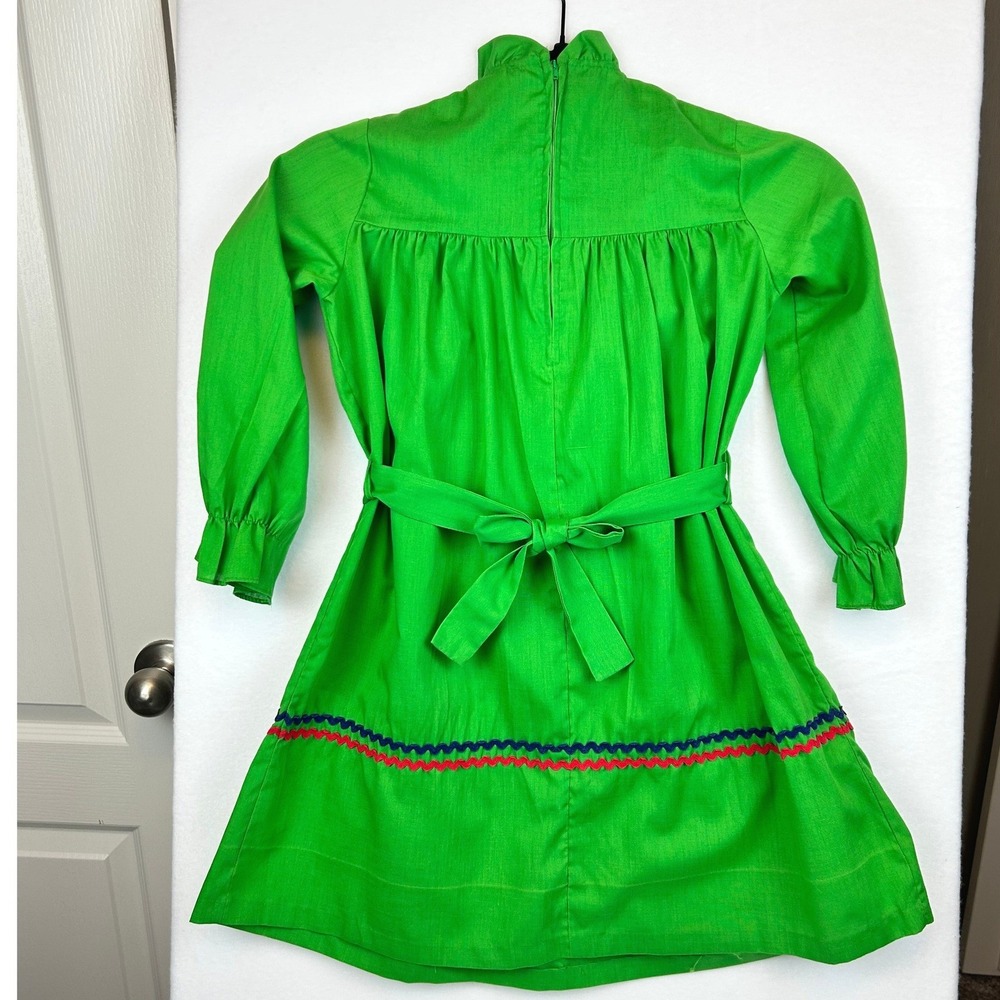 Vintage Polly Flinders Girls Green Hand Smocked Dress Ric Rac Embroidered Size 7 - Picture 2 of 7